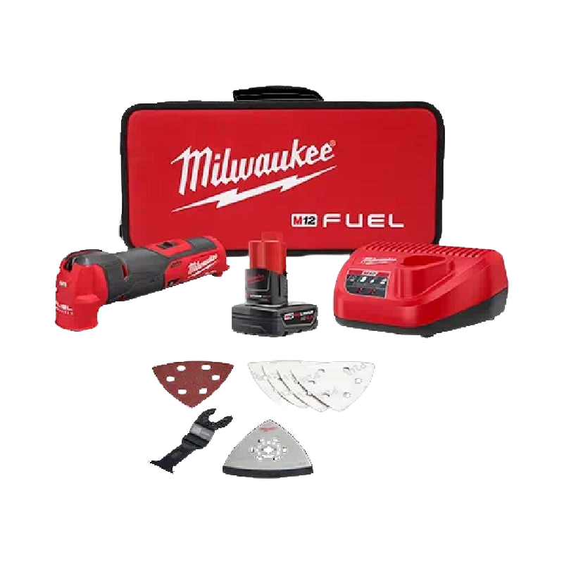 Compact red and black oscillating multi-tool kit with battery, charger, accessories, and branded soft carrying case