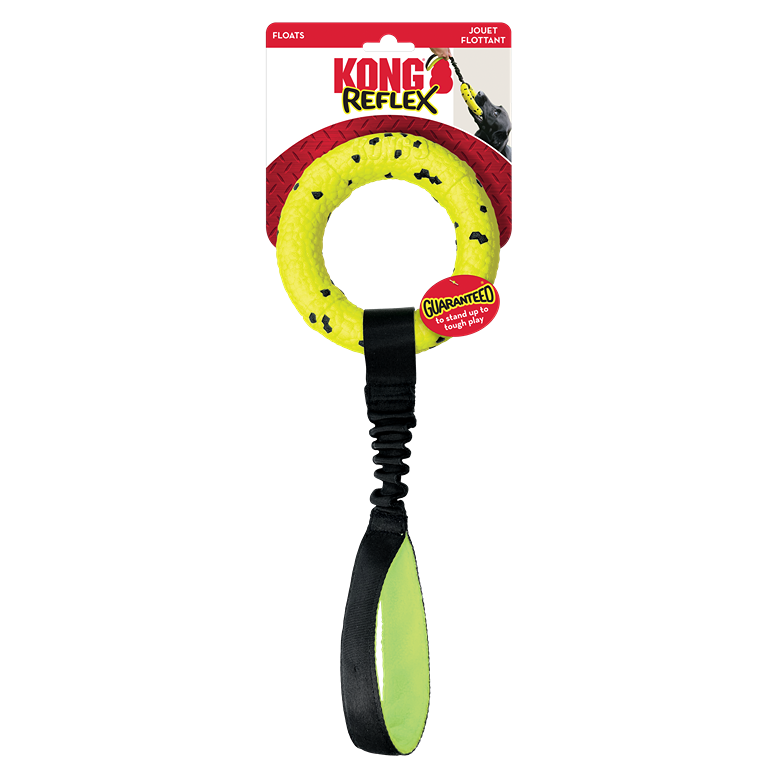 Bright yellow and black speckled dog tug toy with durable handle designed for interactive play and water use