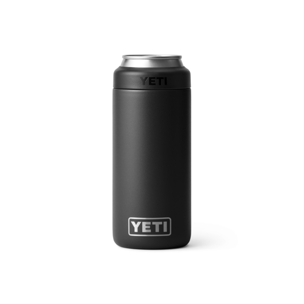 Black slim can insulator with YETI logo, designed to keep drinks cold, part of Drinkware and Kitchen & Kitchenware collections.