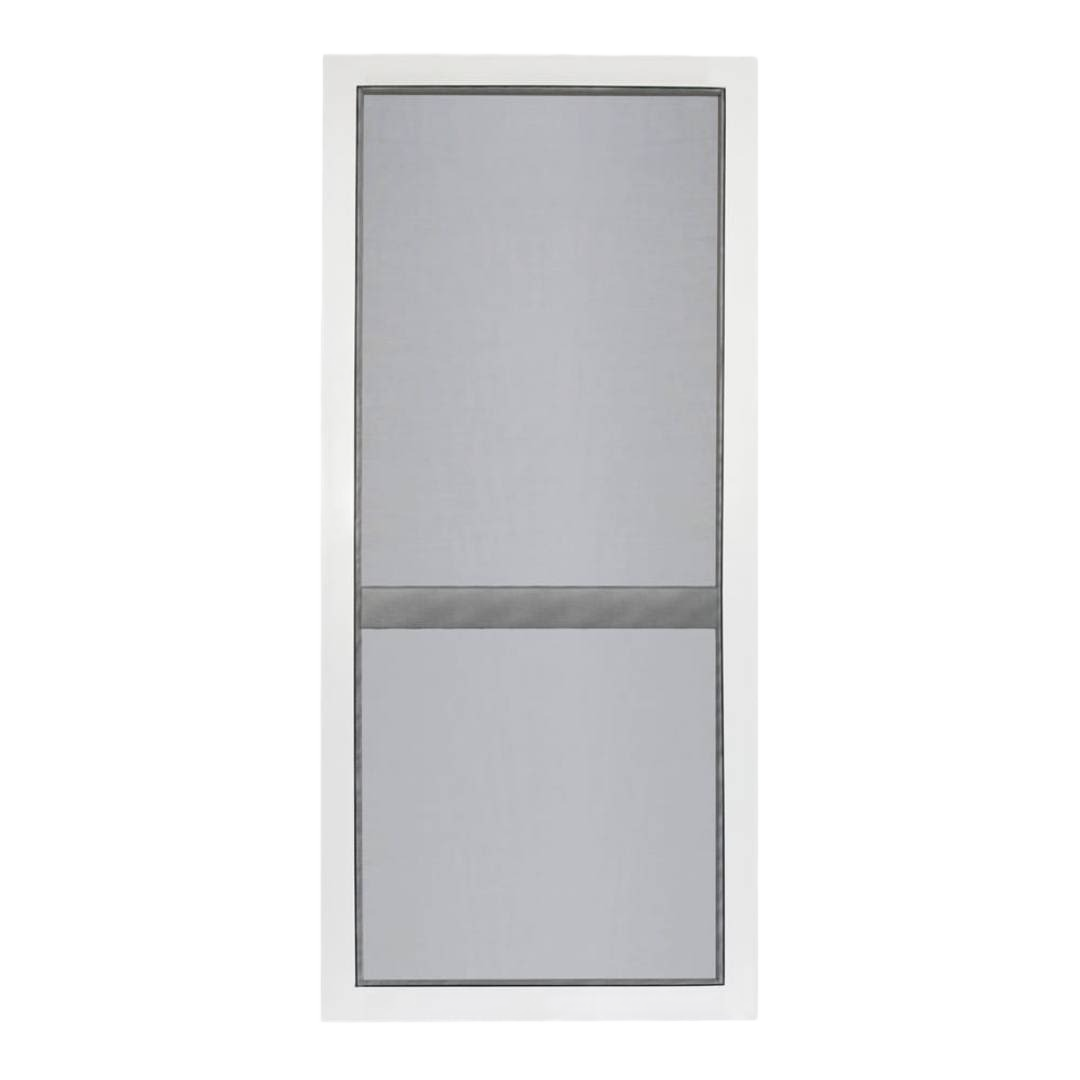 White solid vinyl screen door with mesh panel and horizontal reinforcement for home improvement projects