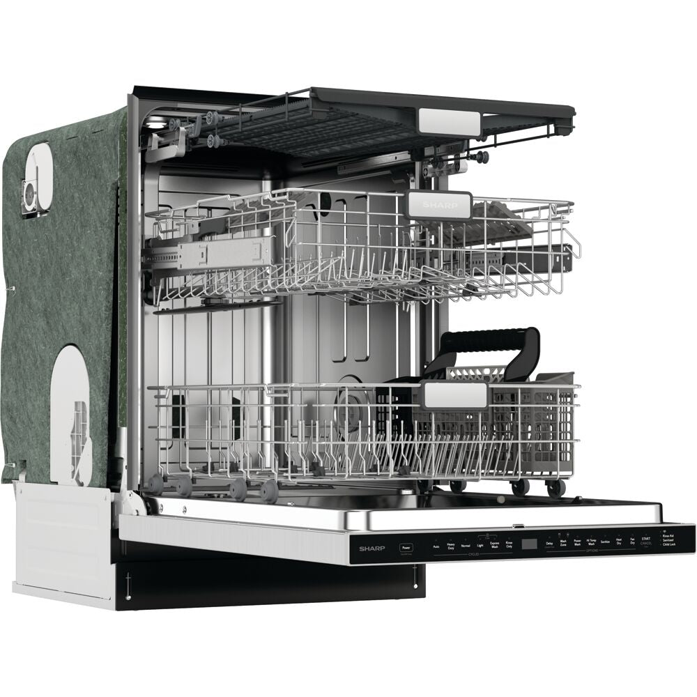 Stainless steel dishwasher with open door showing multiple racks and cutlery basket in kitchen appliance setting