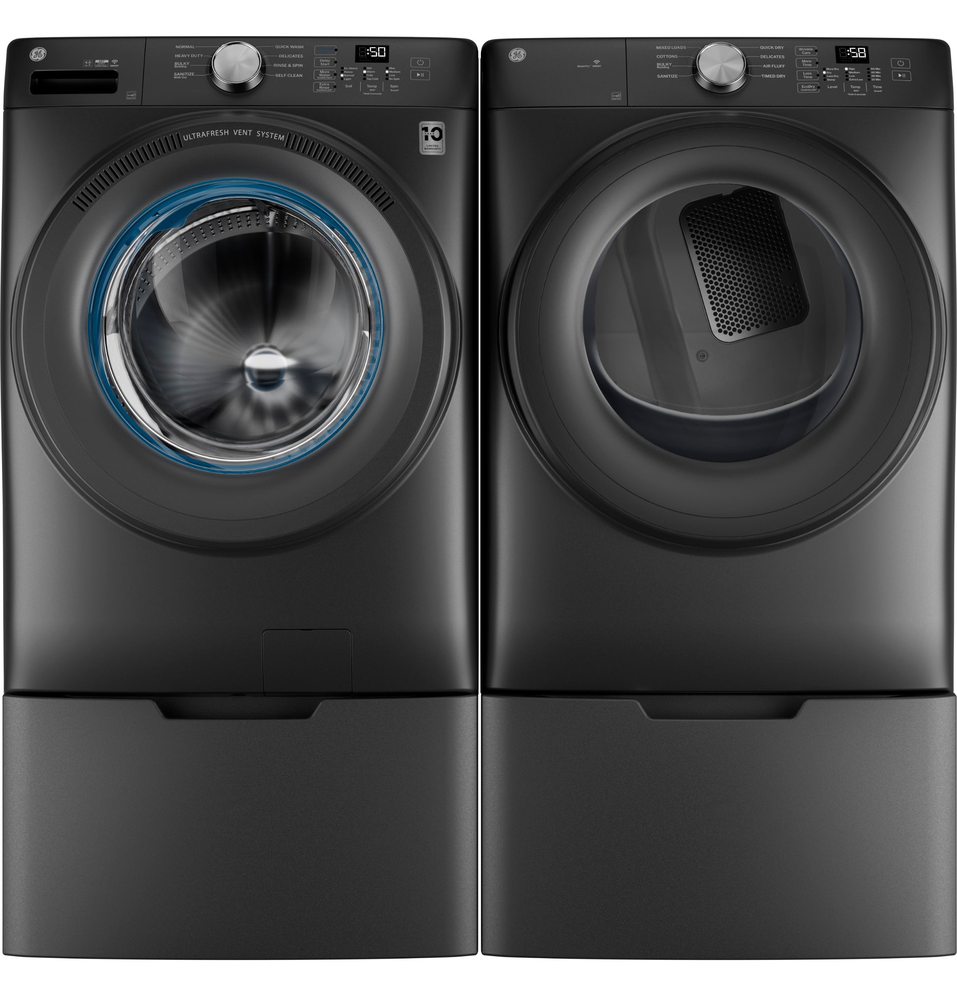 Pair of sleek dark gray front load washer and GE ENERGY STAR dryer from Washers & Dryers and Appliances collection
