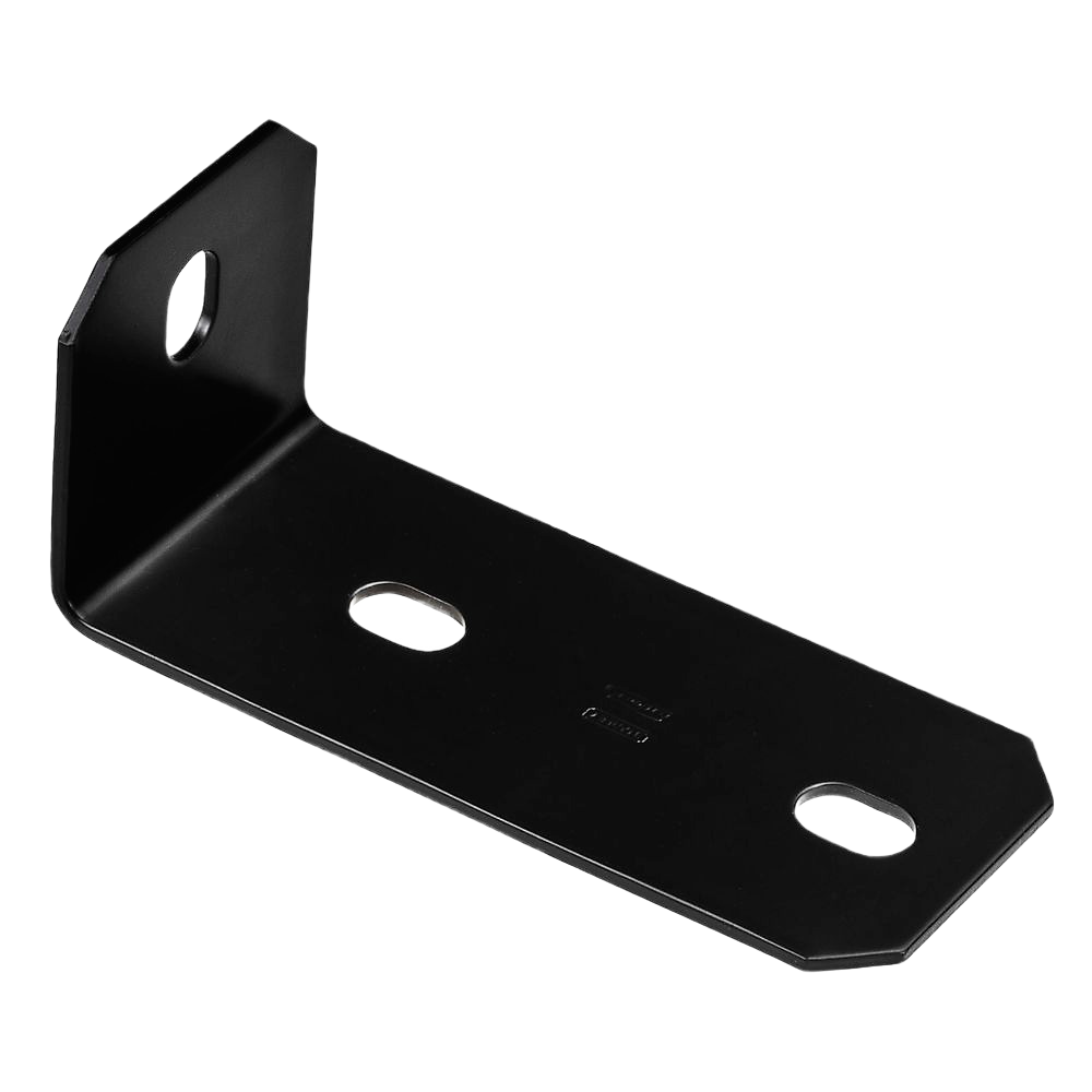 Black heavy duty offset leg corner brace with three elongated mounting holes for structural support in home improvement projects