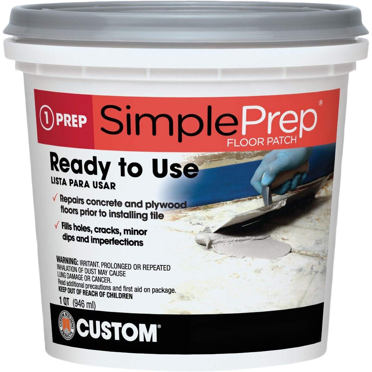 1-quart container of gray premixed floor patch repairing cracks and holes on concrete surface in flooring tools collection