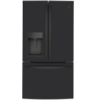 Black counter-depth French-door refrigerator with bottom freezer drawer and external water dispenser in Appliances collection