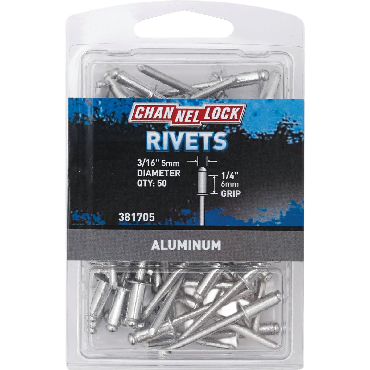 Clear plastic package of aluminum rivets with blue and black label for home improvement projects and tools use