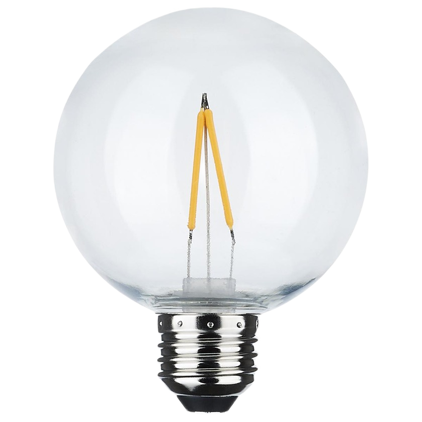 Clear round LED replacement lamp with visible filament design and medium base for outdoor string lighting and home improvement.