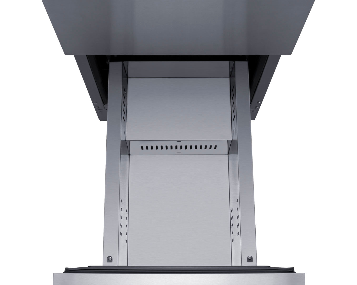 Open stainless steel 2-drawer refrigerator with visible ventilation in drawer frame for kitchen and appliance use