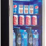 freestanding beverage center with tempered glass door and interior shelves holding soda cans and water bottles in appliances collection