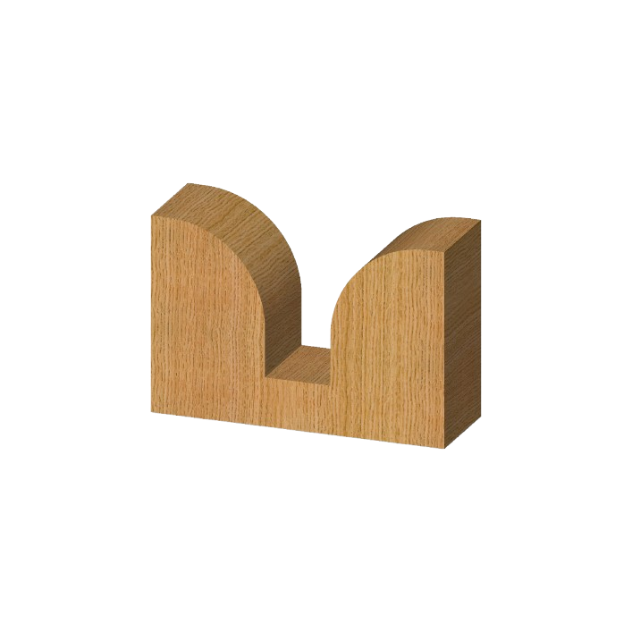 Wooden sample piece with rounded grooved edge demonstrating router bit profile for woodworking tool accessories collections
