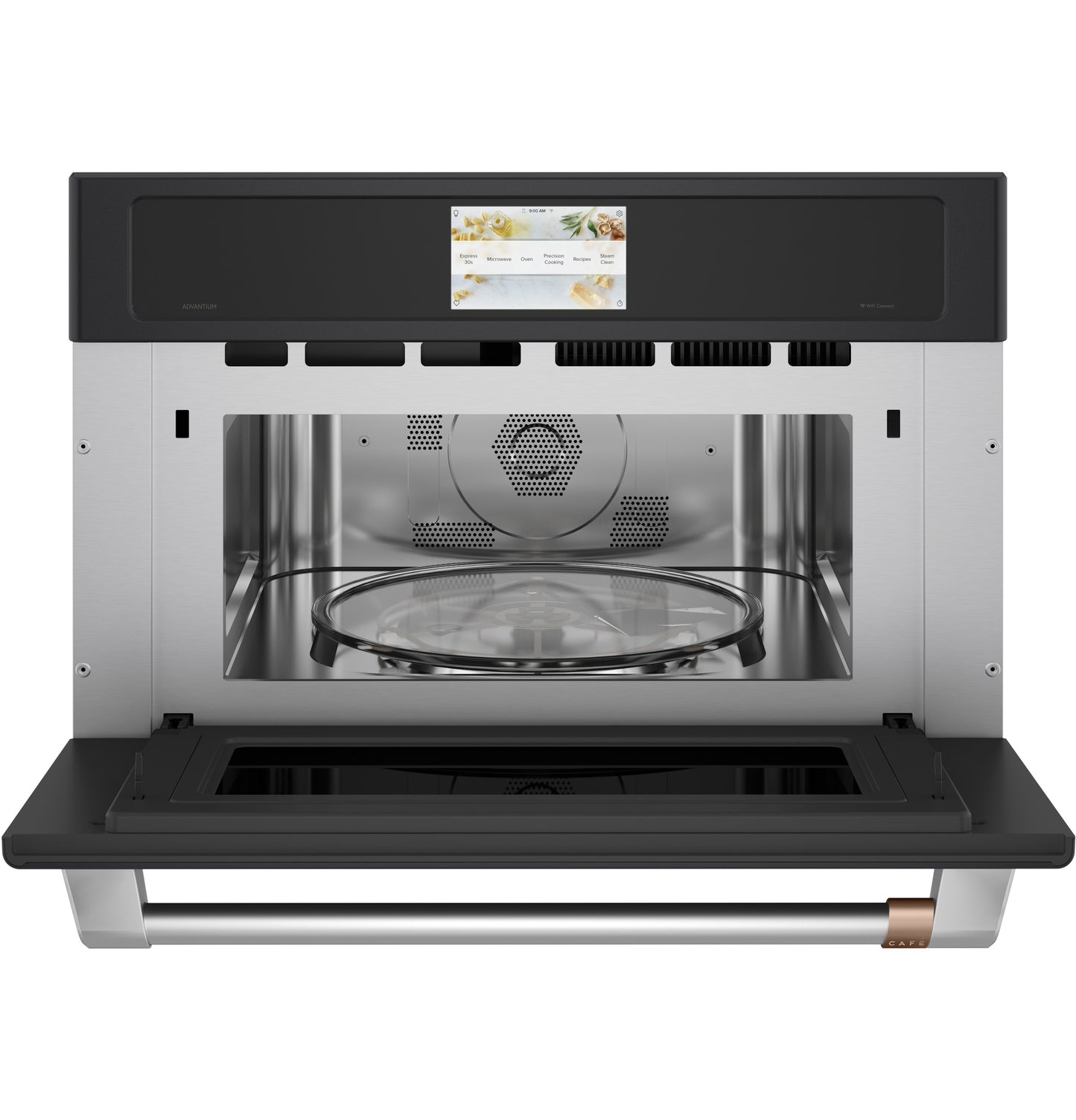 Open stainless steel speed cook oven with touchscreen and glass turntable from kitchen appliance collection