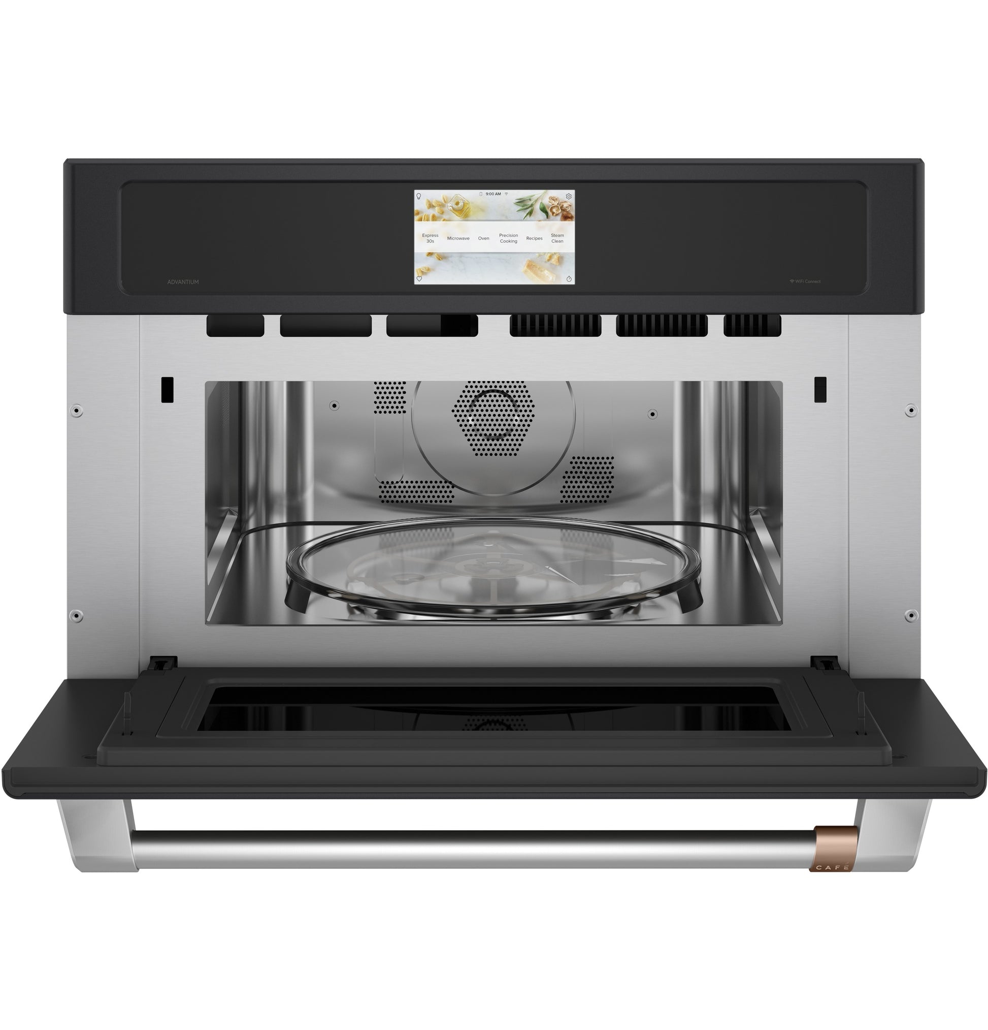 Open stainless steel speed cook oven with touchscreen and glass turntable from kitchen appliance collection