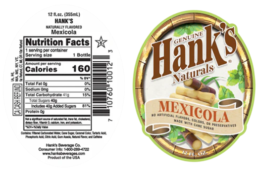 Round label for Hanks Mexicola soda with nutrition facts and vintage style branding in food and beverage collection