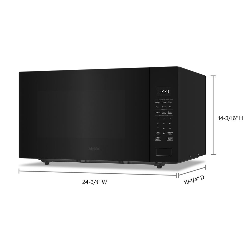 Black sensor microwave with digital control panel and dimensions shown for kitchen appliances and home improvement.