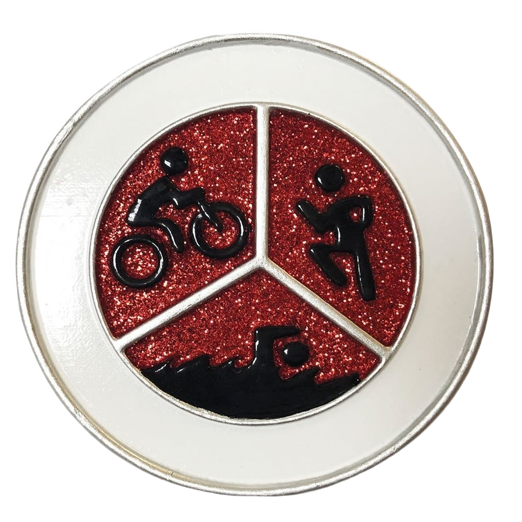Circular ornament with red glitter and black triathlon icons of biking, running, and swimming for Christmas decor collection
