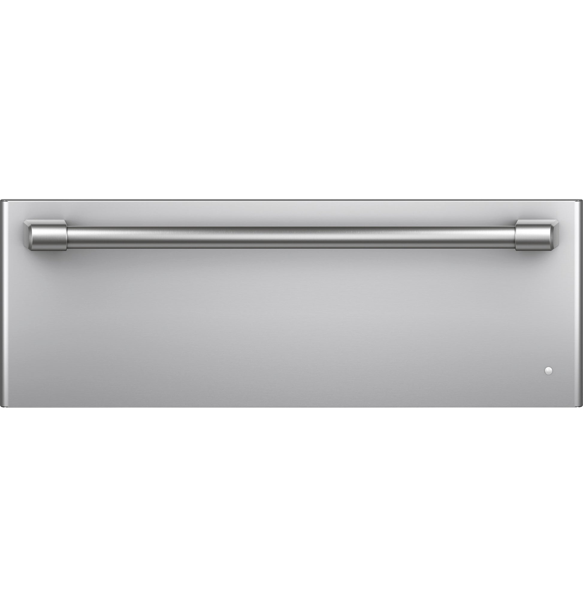 Stainless steel warming drawer with sleek handle, designed for seamless integration in kitchen appliances and wall ovens collections
