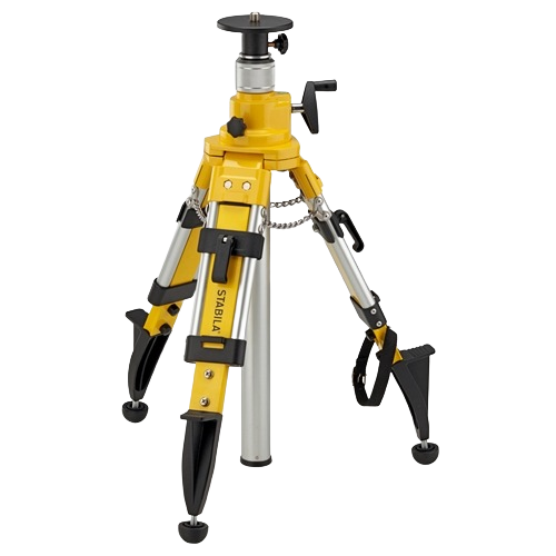 Adjustable yellow and silver tripod with stabilizing feet for measuring tools in woodworking and home improvement collections