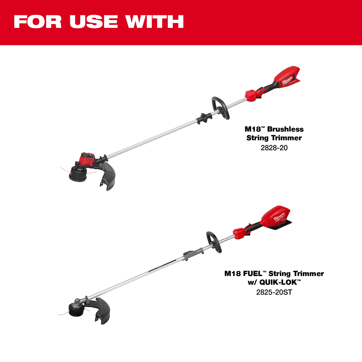Two red and black Milwaukee string trimmers with metal shafts shown as compatible tools for home improvement use