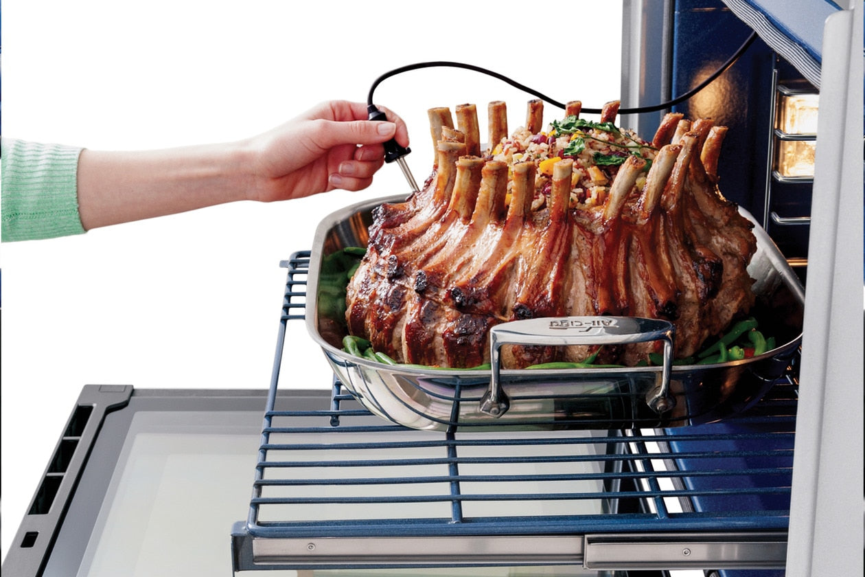 Hand inserting probe thermometer into roast on rack inside double wall oven from Kitchen & Kitchenware collection