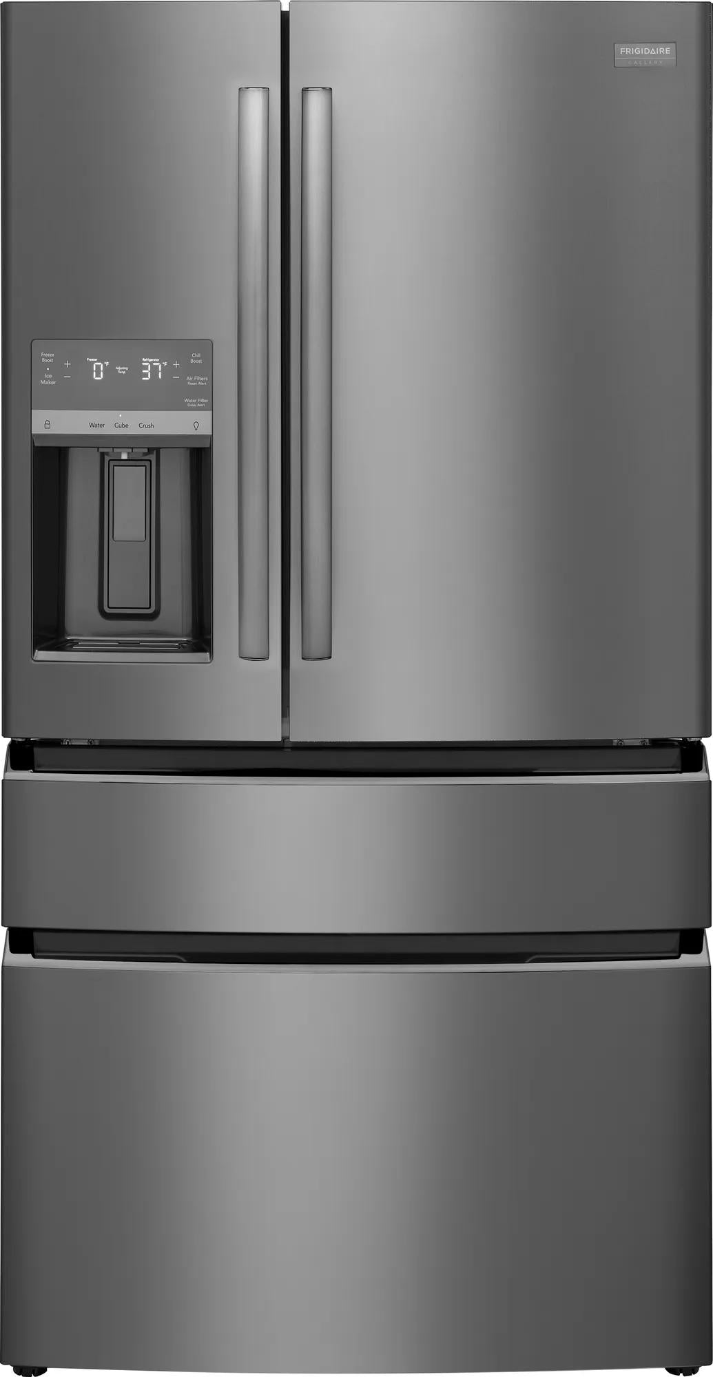 Sleek counter-depth stainless steel 4-door French door refrigerator with external water dispenser in Appliances collection