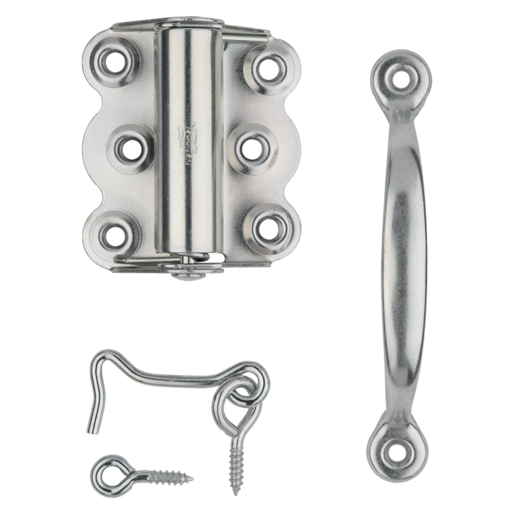 Zinc-plated screen door hardware set with hinges, hook and eye latch, and pull handle for door and gate accessories under $50
