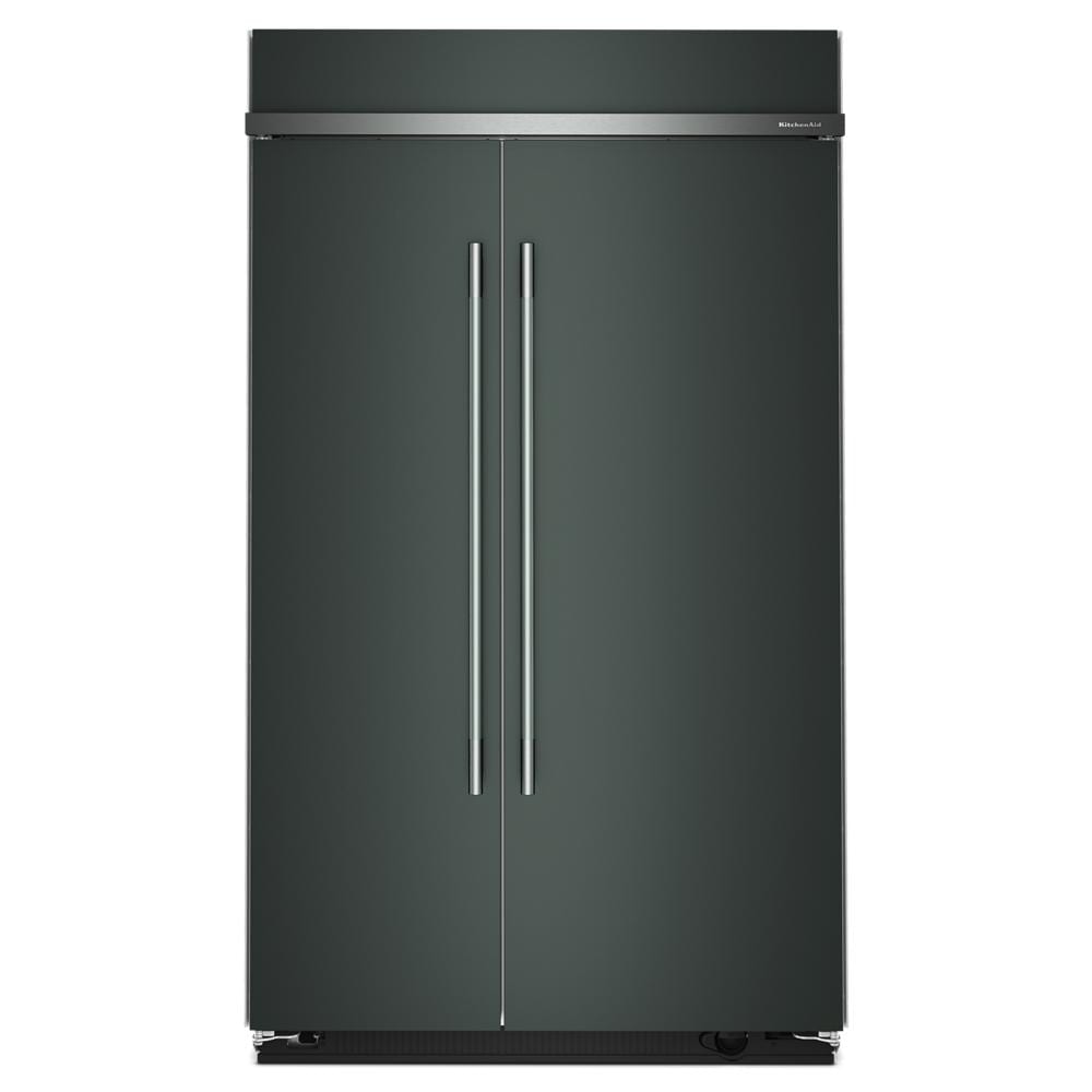 built-in 48-inch side-by-side refrigerator in dark finish with sleek handles from KitchenAid appliances collection