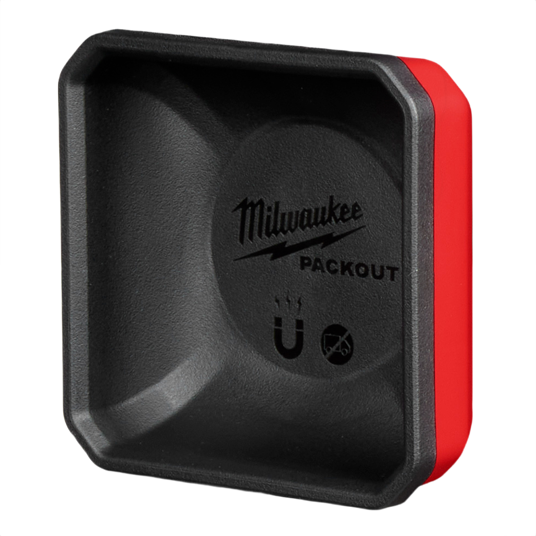 Compact black and red magnetic storage bin for organizing small parts in tool and workshop setups