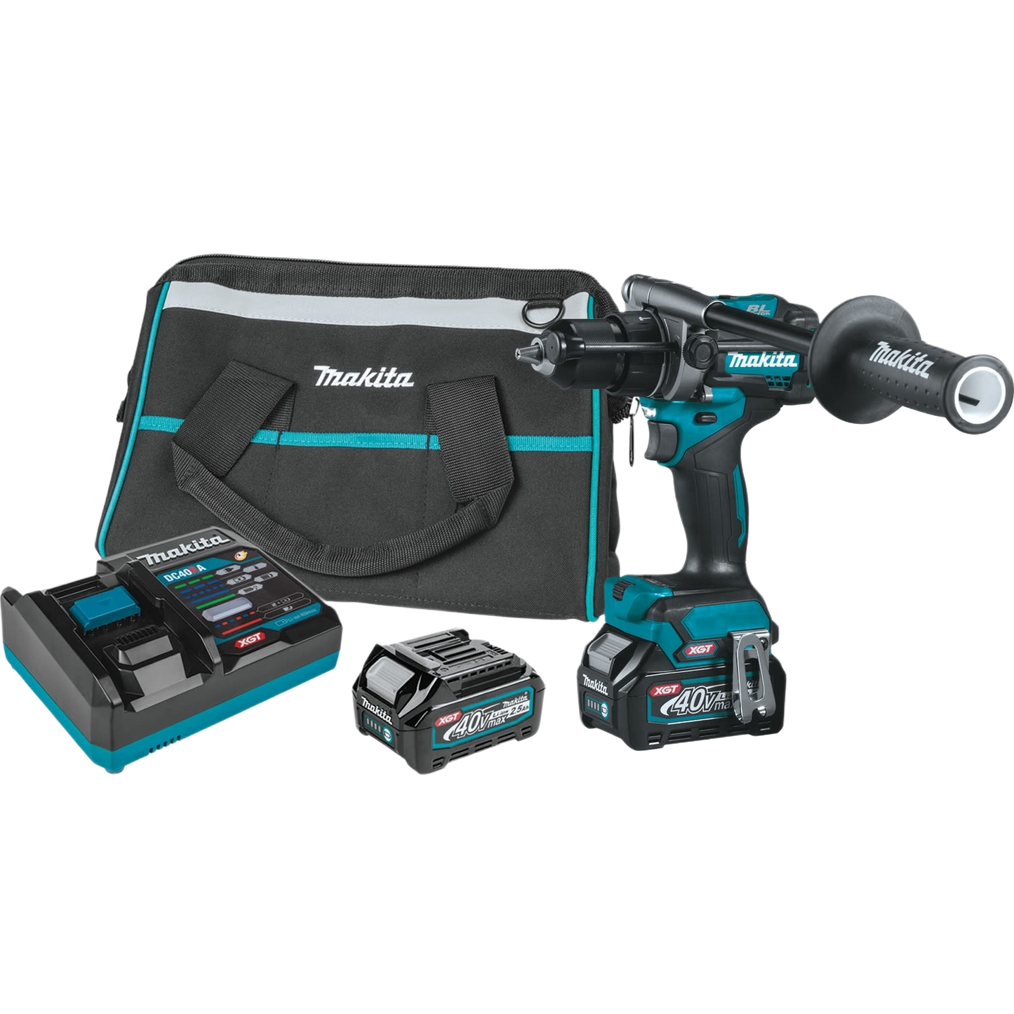Cordless hammer driver drill kit with battery charger, extra battery, and branded carrying bag for tool and home improvement use