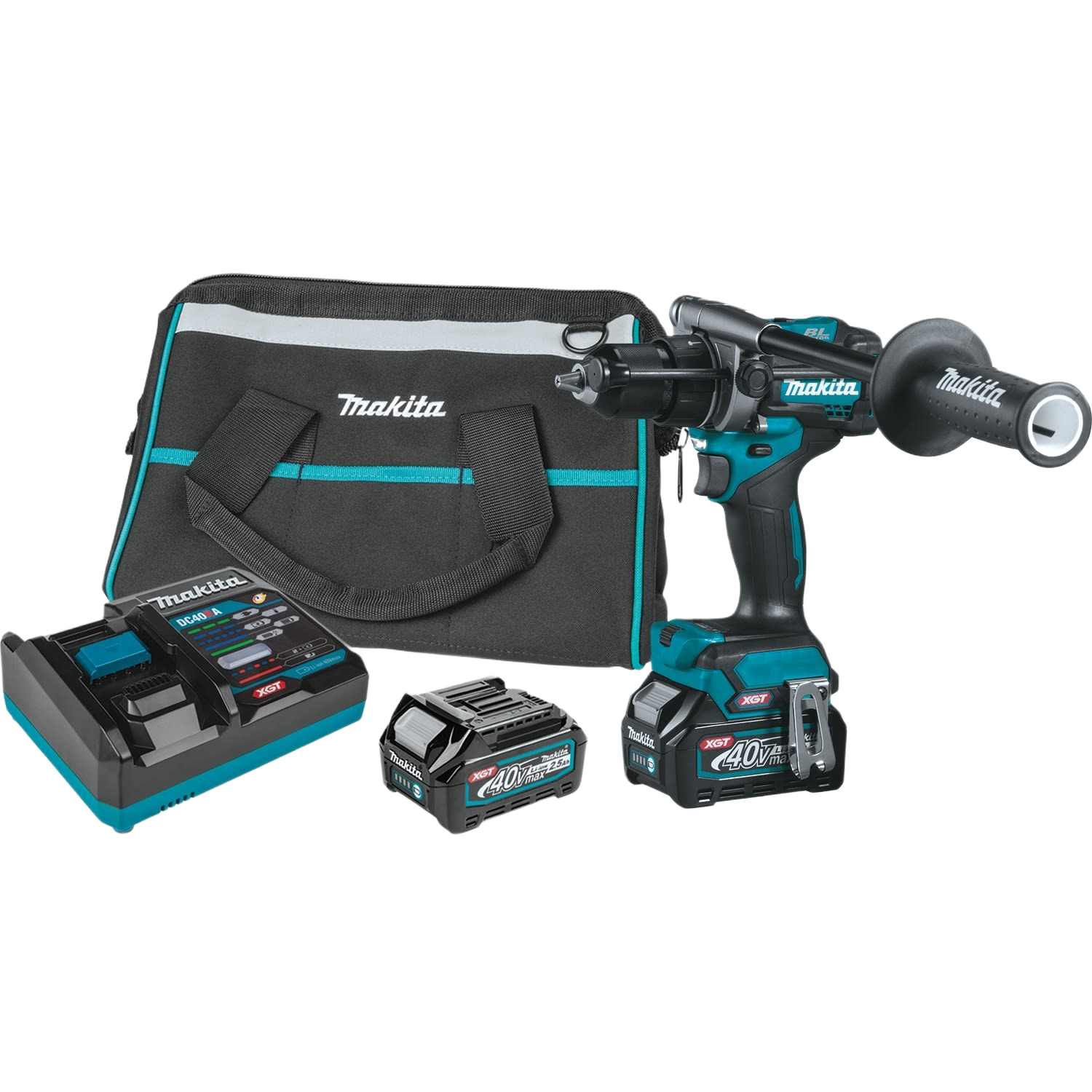 Cordless hammer driver drill kit with battery charger, extra battery, and branded carrying bag for tool and home improvement use