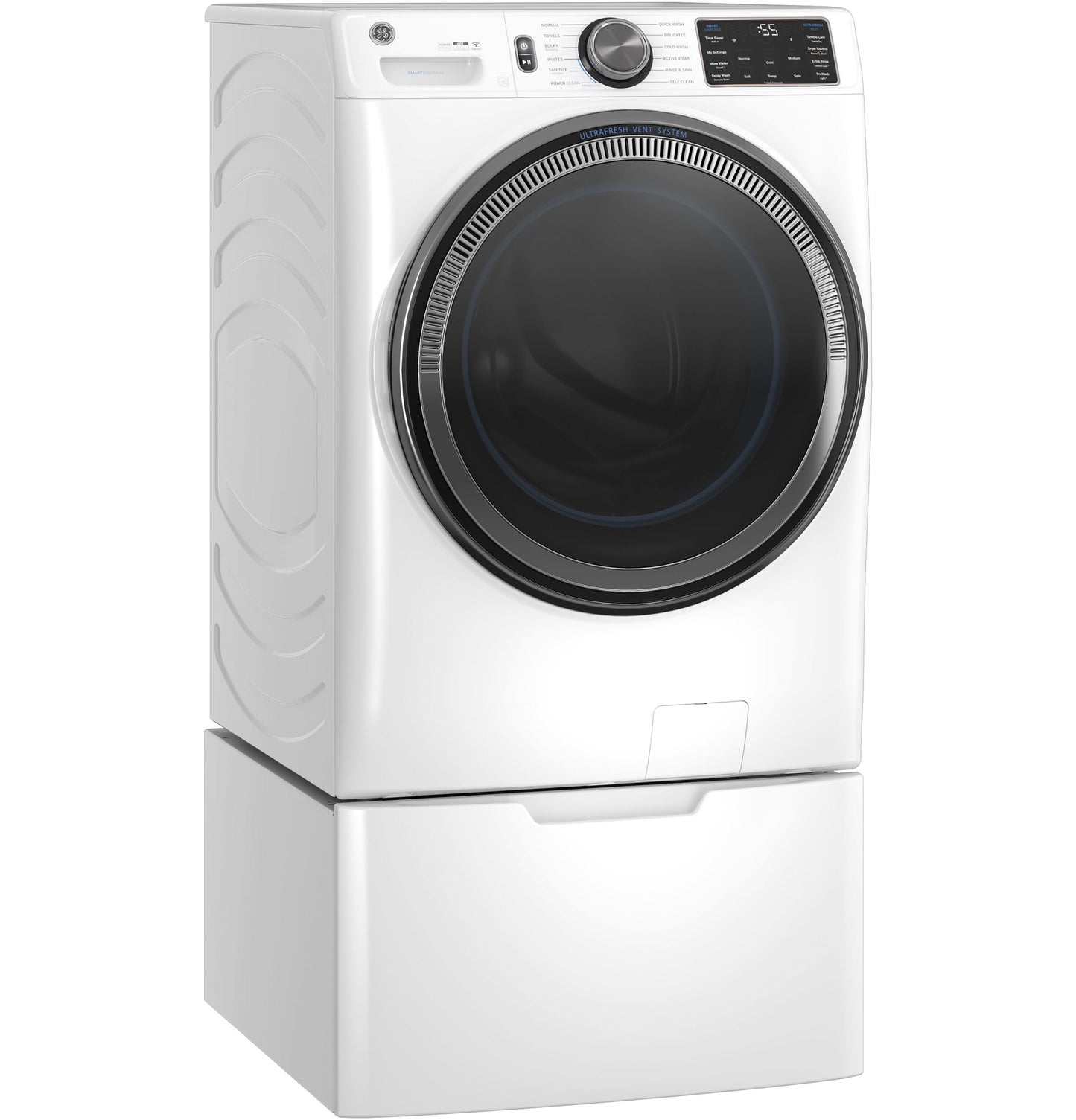 White front load smart washer with digital display and pedestal base from front load washers collection