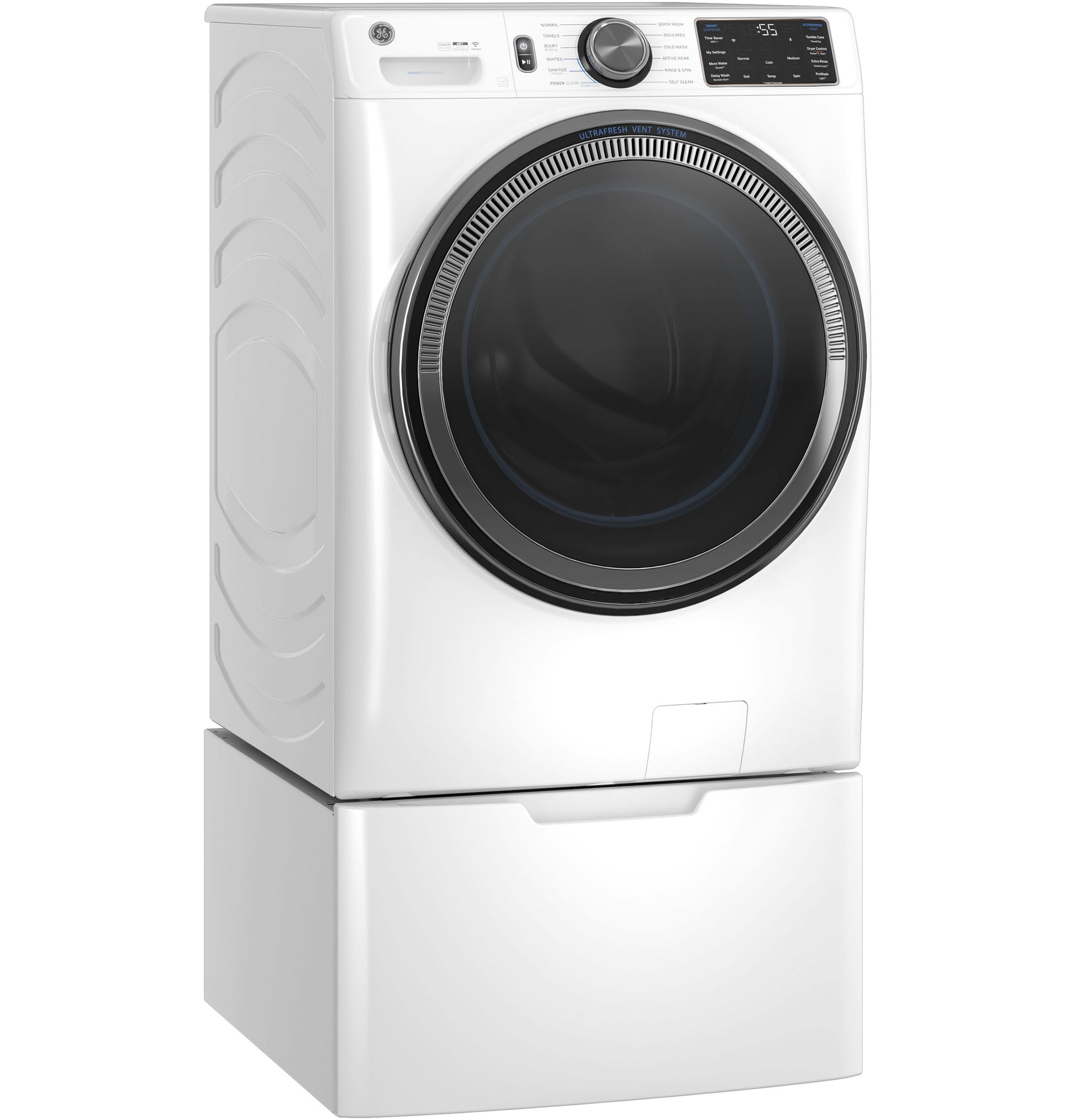 White front load smart washer with digital display and pedestal base from front load washers collection