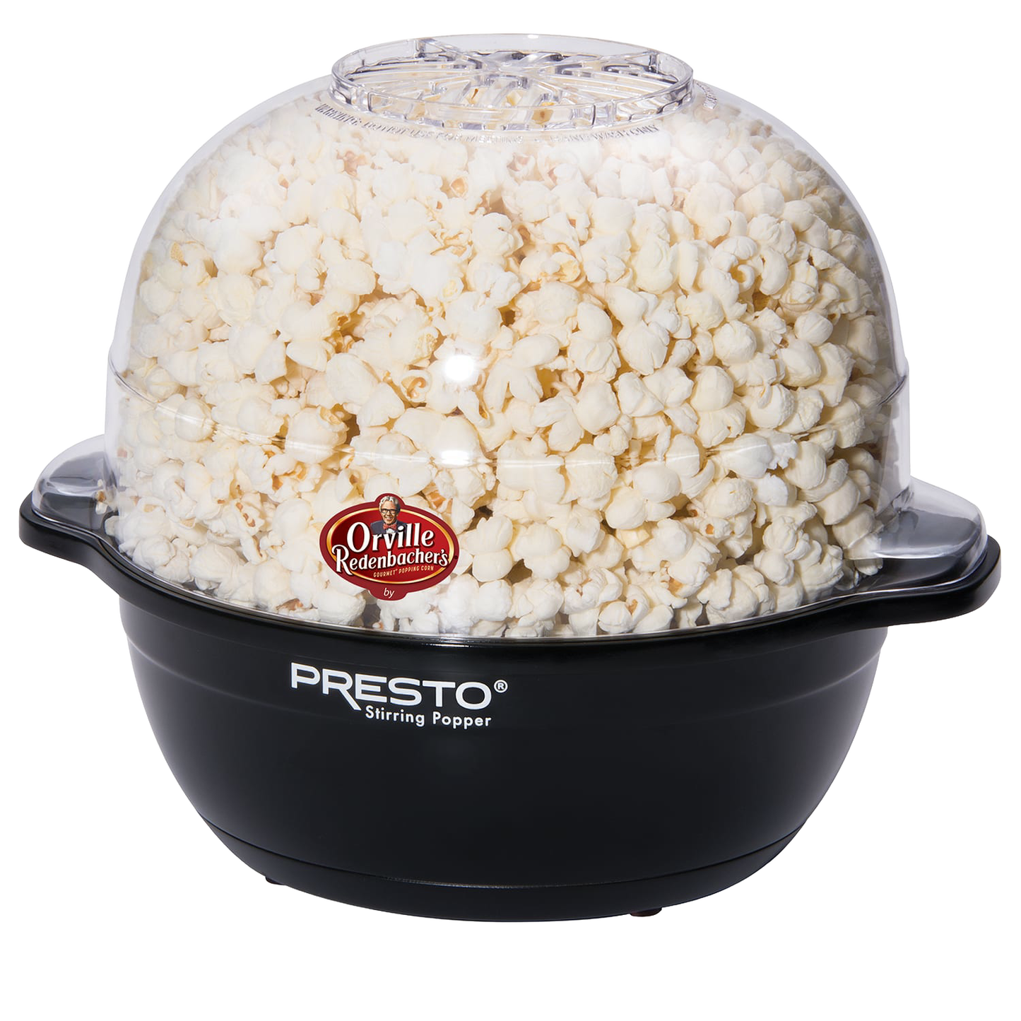 Black electric stirring popcorn maker with clear dome lid filled with freshly popped popcorn for small kitchen appliances use