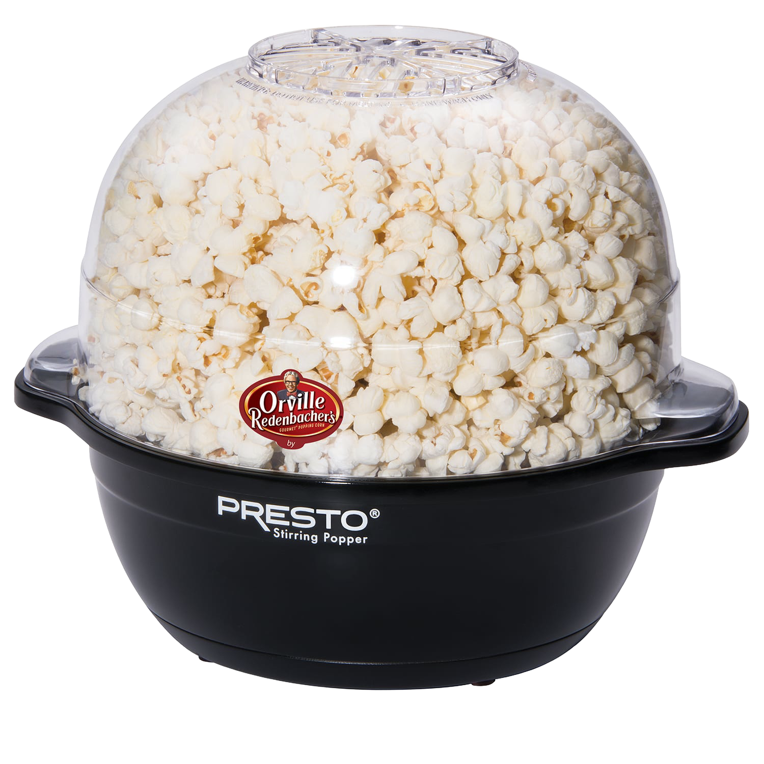 Black electric stirring popcorn maker with clear dome lid filled with freshly popped popcorn for small kitchen appliances use