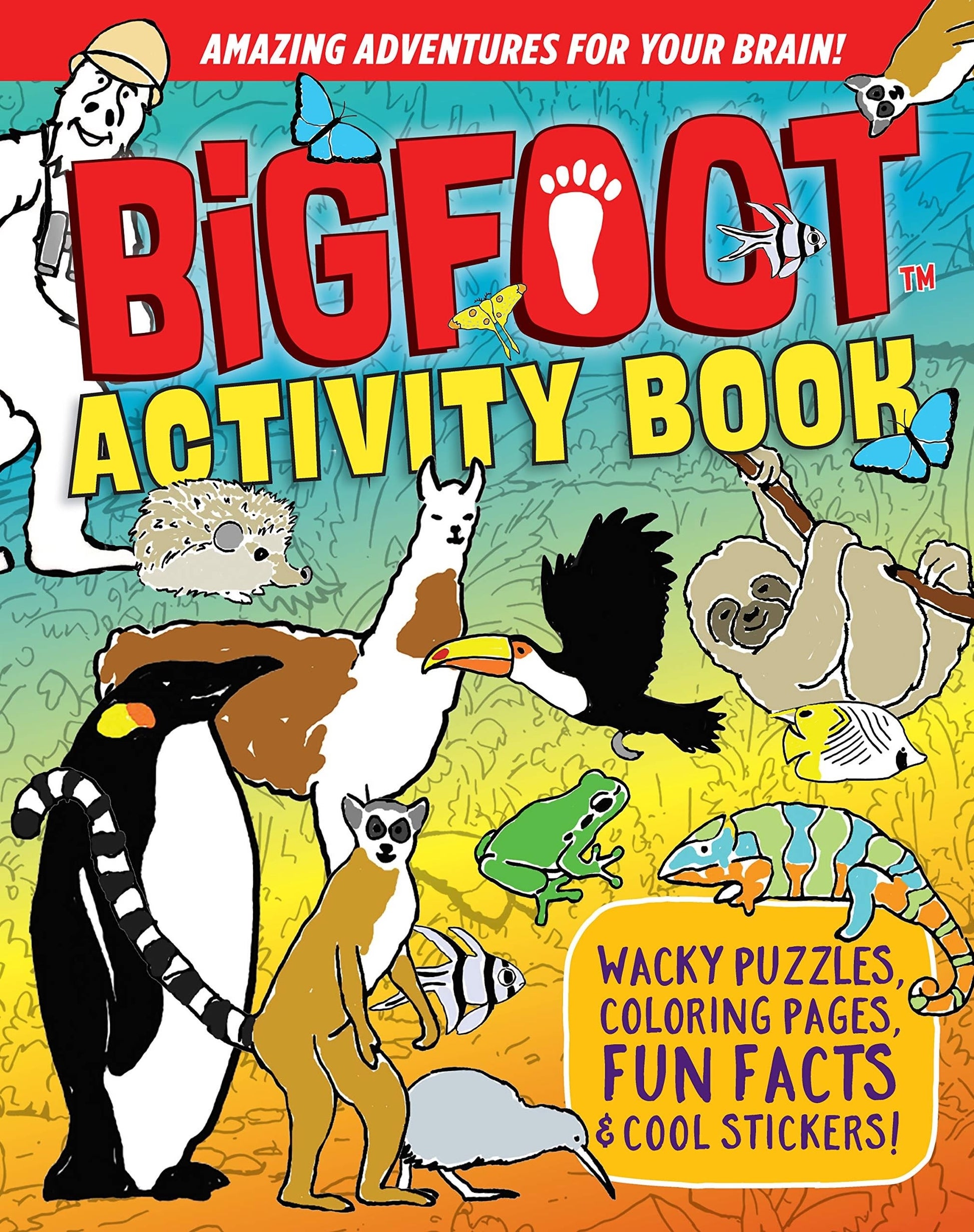 Colorful activity book cover featuring animals, insects, and text promoting puzzles, fun facts, and stickers