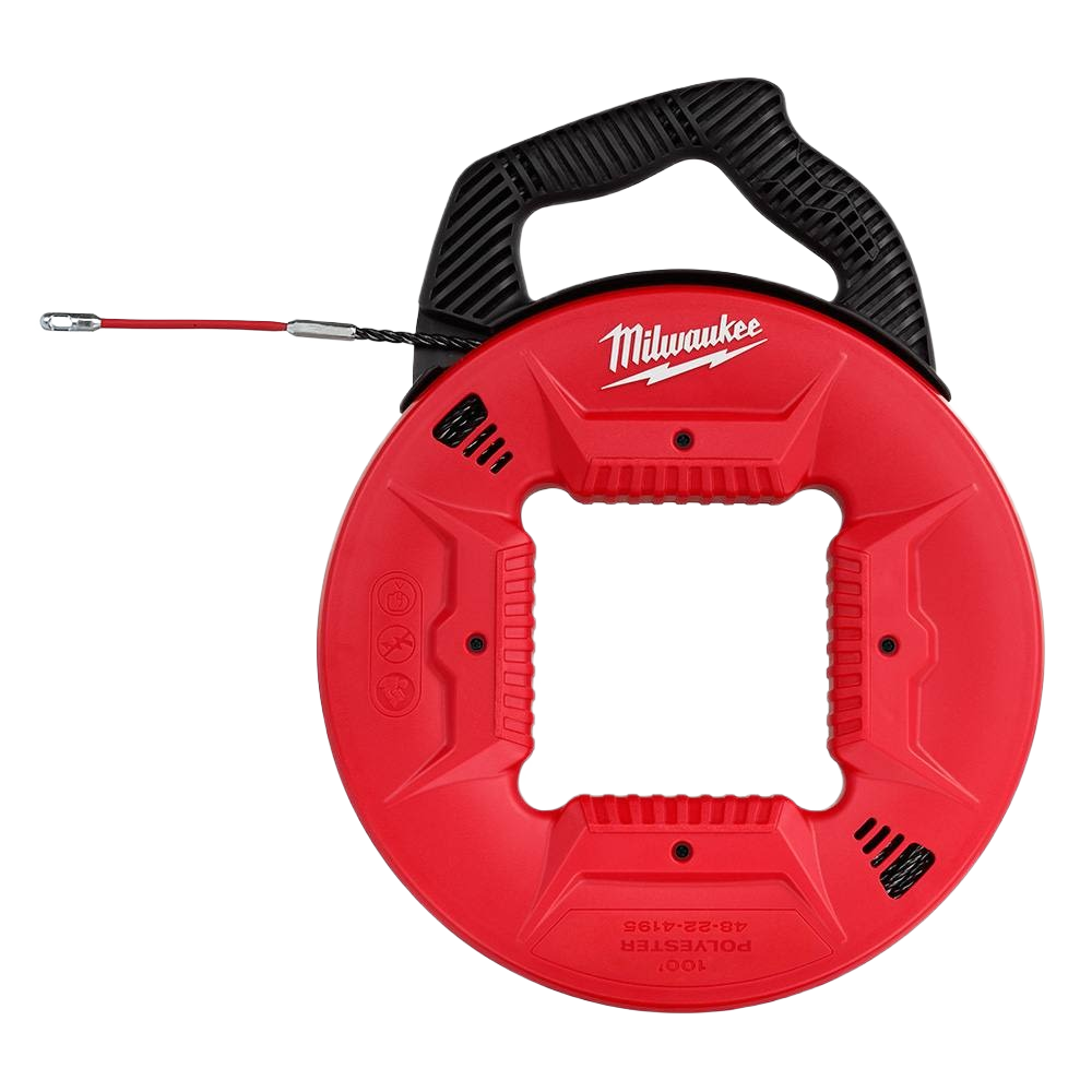 Red plastic fish tape reel with black ergonomic handle and flexible metal leader for electrical and home improvement use