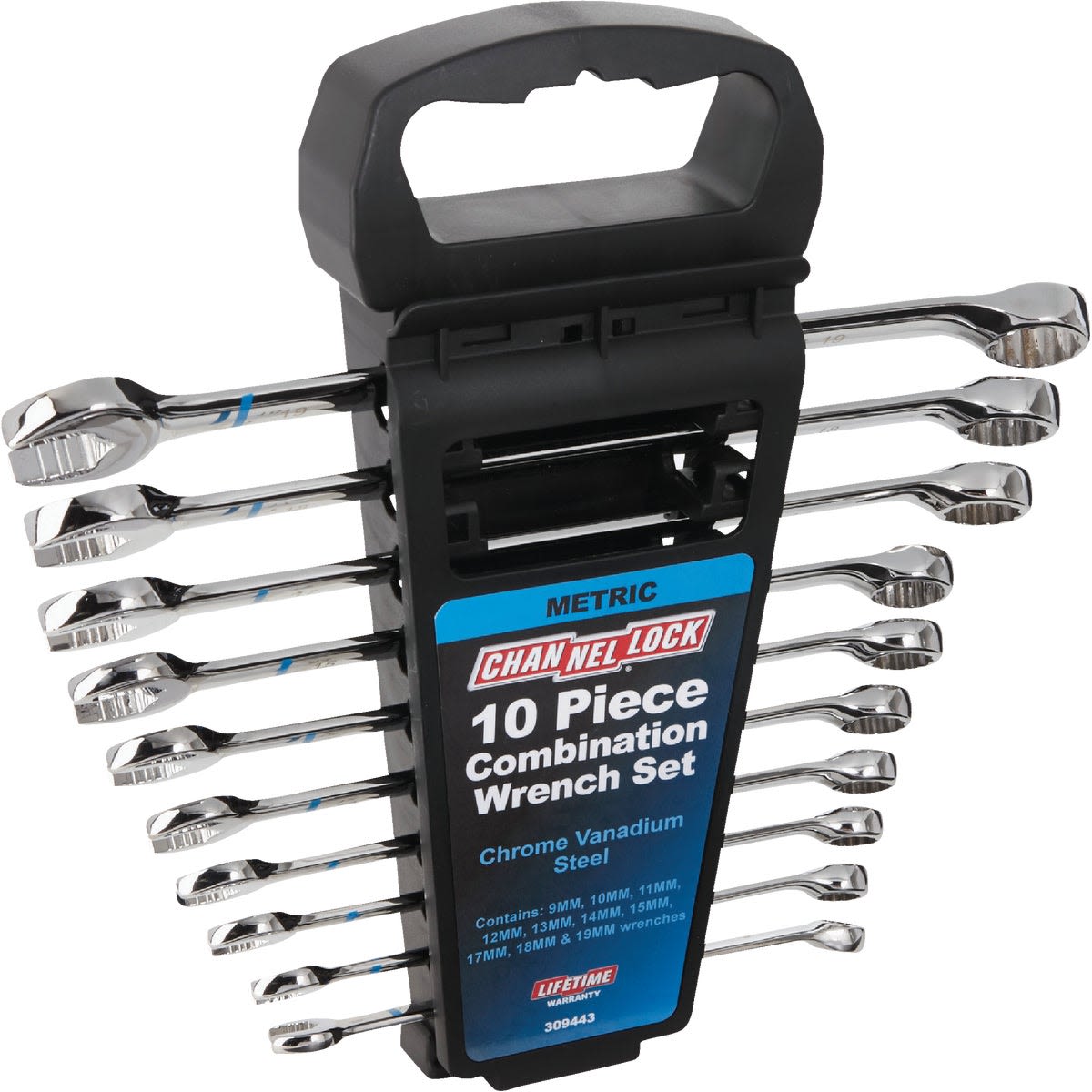 Set of 10 chrome vanadium steel combination wrenches in metric sizes with black plastic holder for home improvement tools