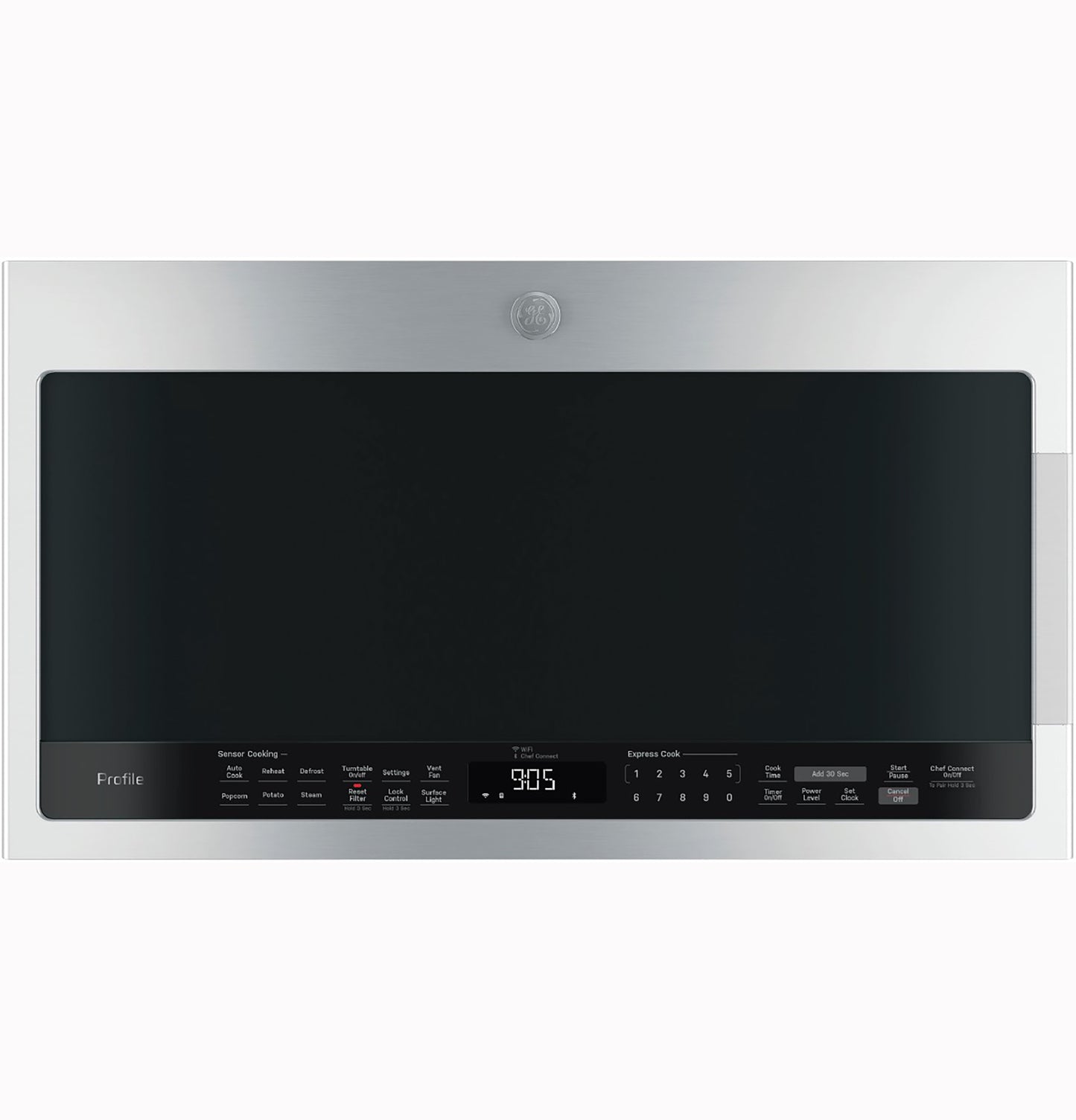 Stainless steel sensor microwave with digital display and touch controls for over-the-range kitchen appliances collection
