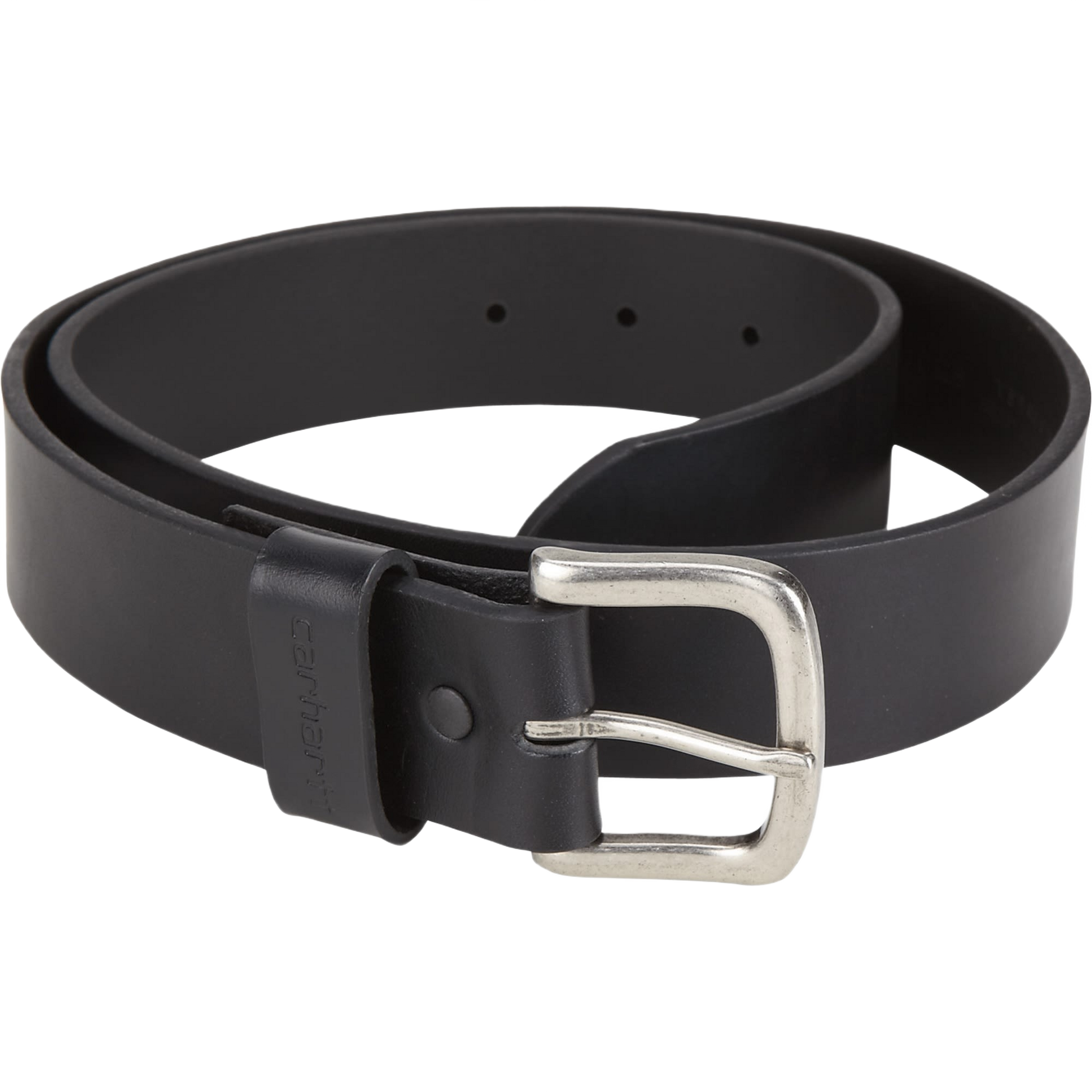 Black full grain leather belt with silver buckle and snap fasteners for easy buckle changes in accessories collection