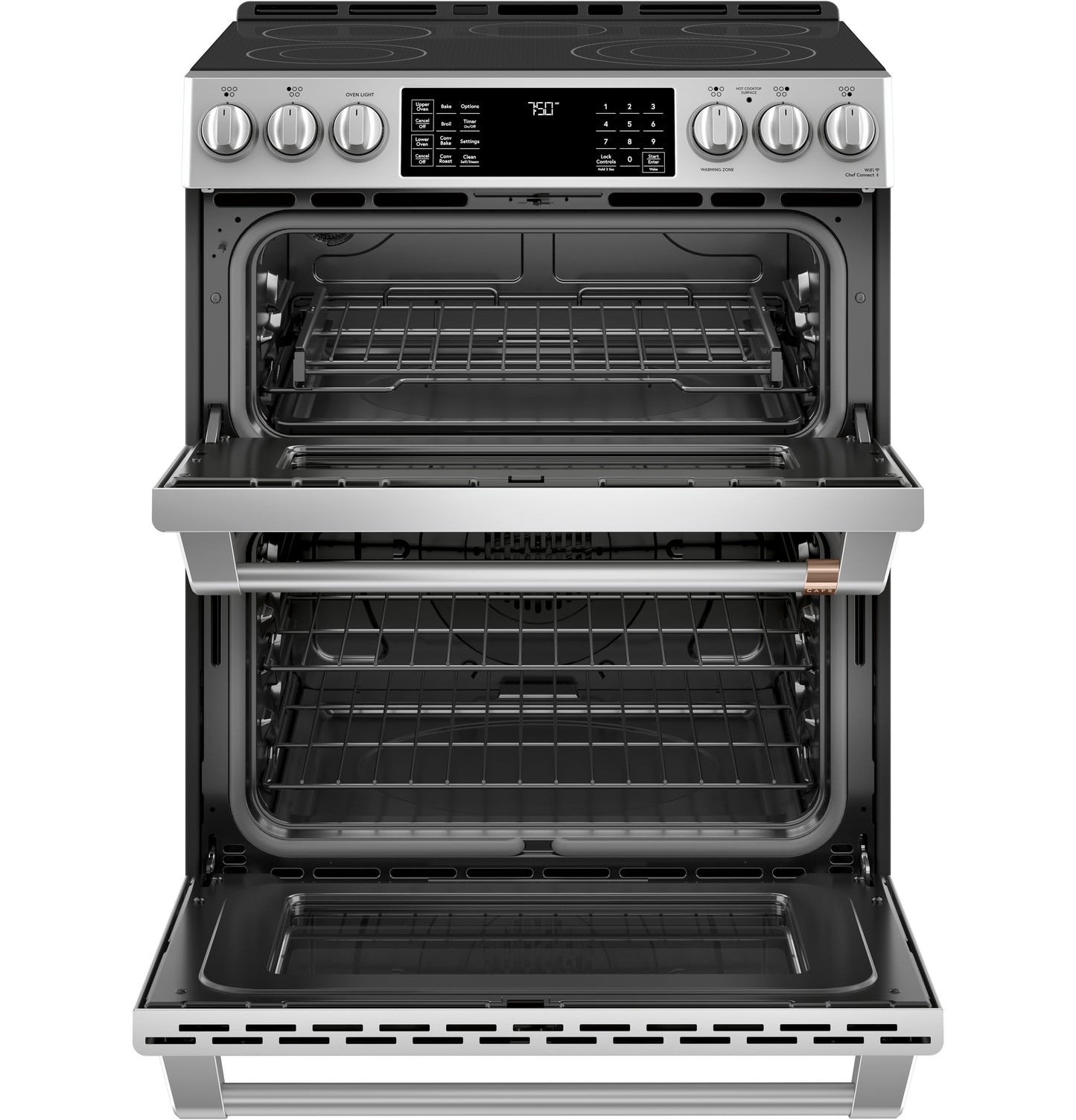 Front view of stainless steel smart slide-in double-oven range with radiant cooktop in kitchen appliances collection