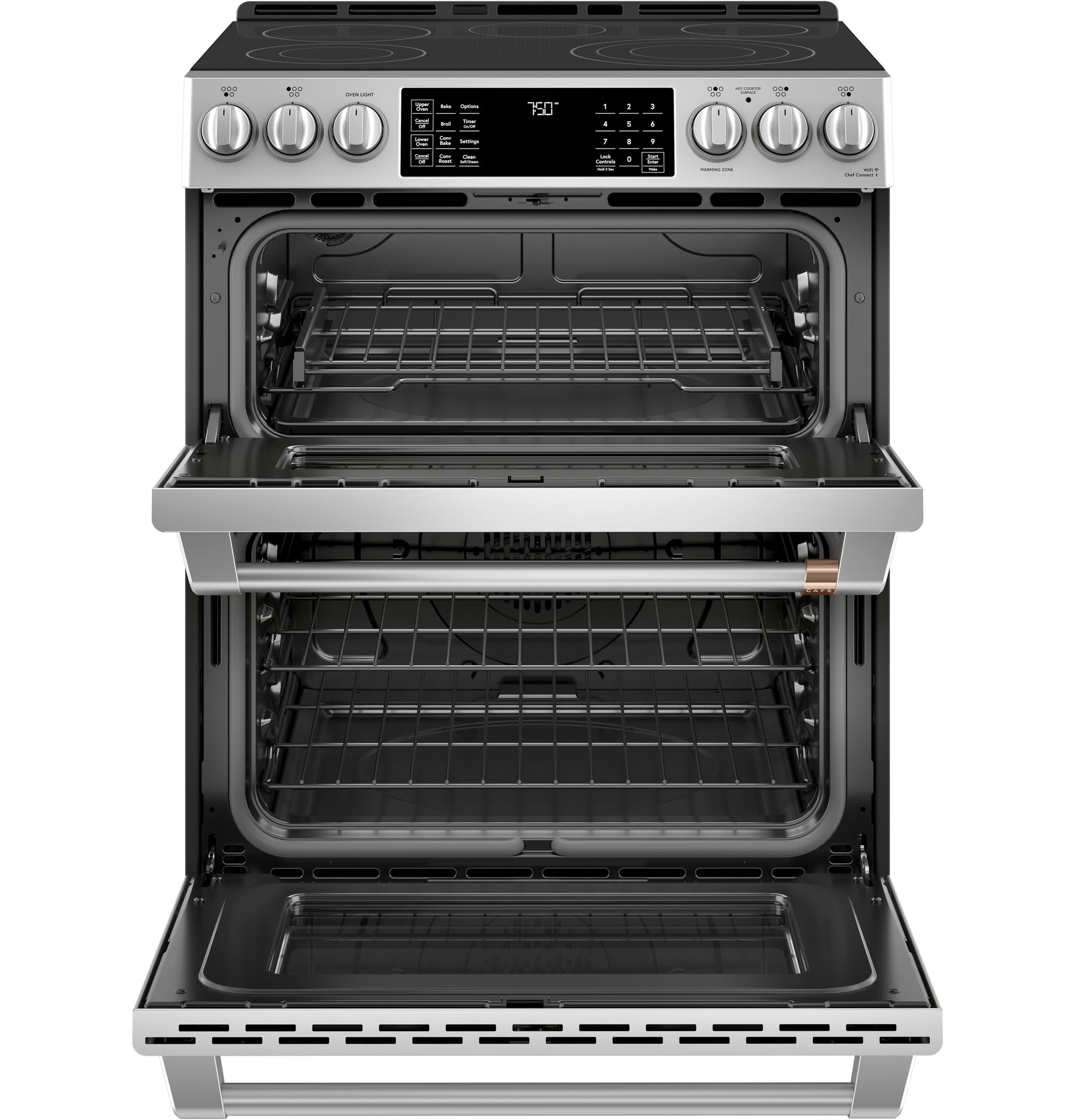 Front view of stainless steel smart slide-in double-oven range with radiant cooktop in kitchen appliances collection