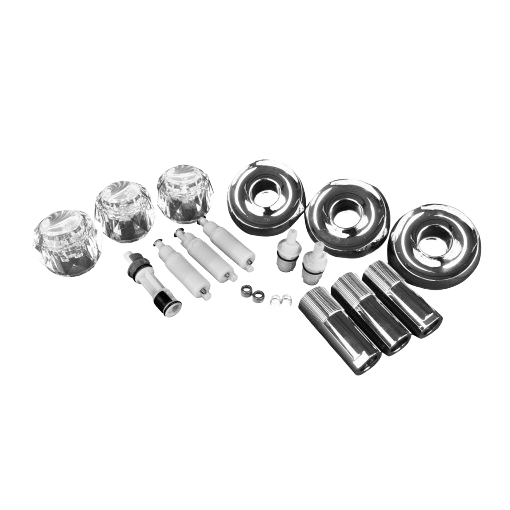 Set of clear handles, chrome escutcheons, and valve stems for tub and shower remodeling in home improvement projects