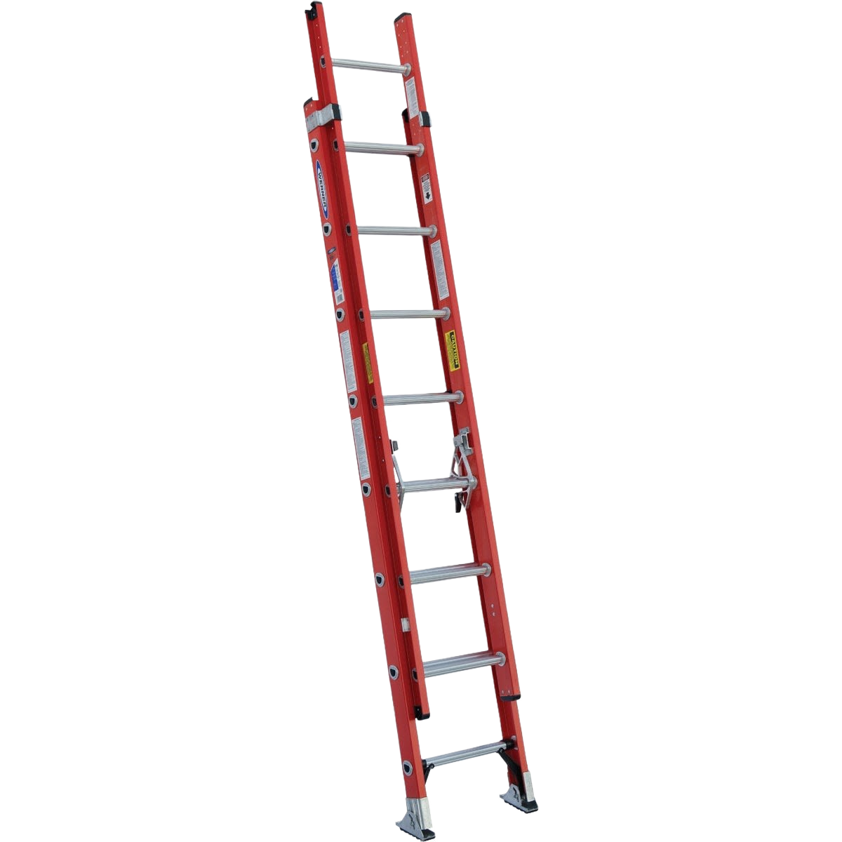 Red fiberglass extension ladder with aluminum rungs designed for tools and home improvement tasks
