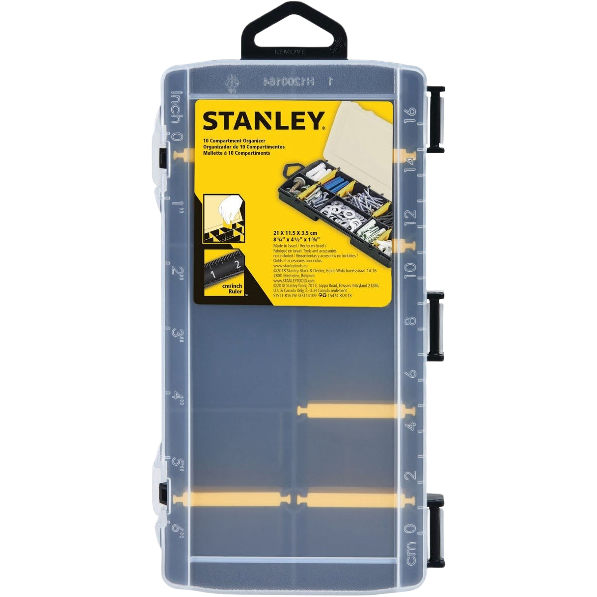Clear plastic tool organizer with 10 compartments and built-in ruler for workshop and home improvement storage