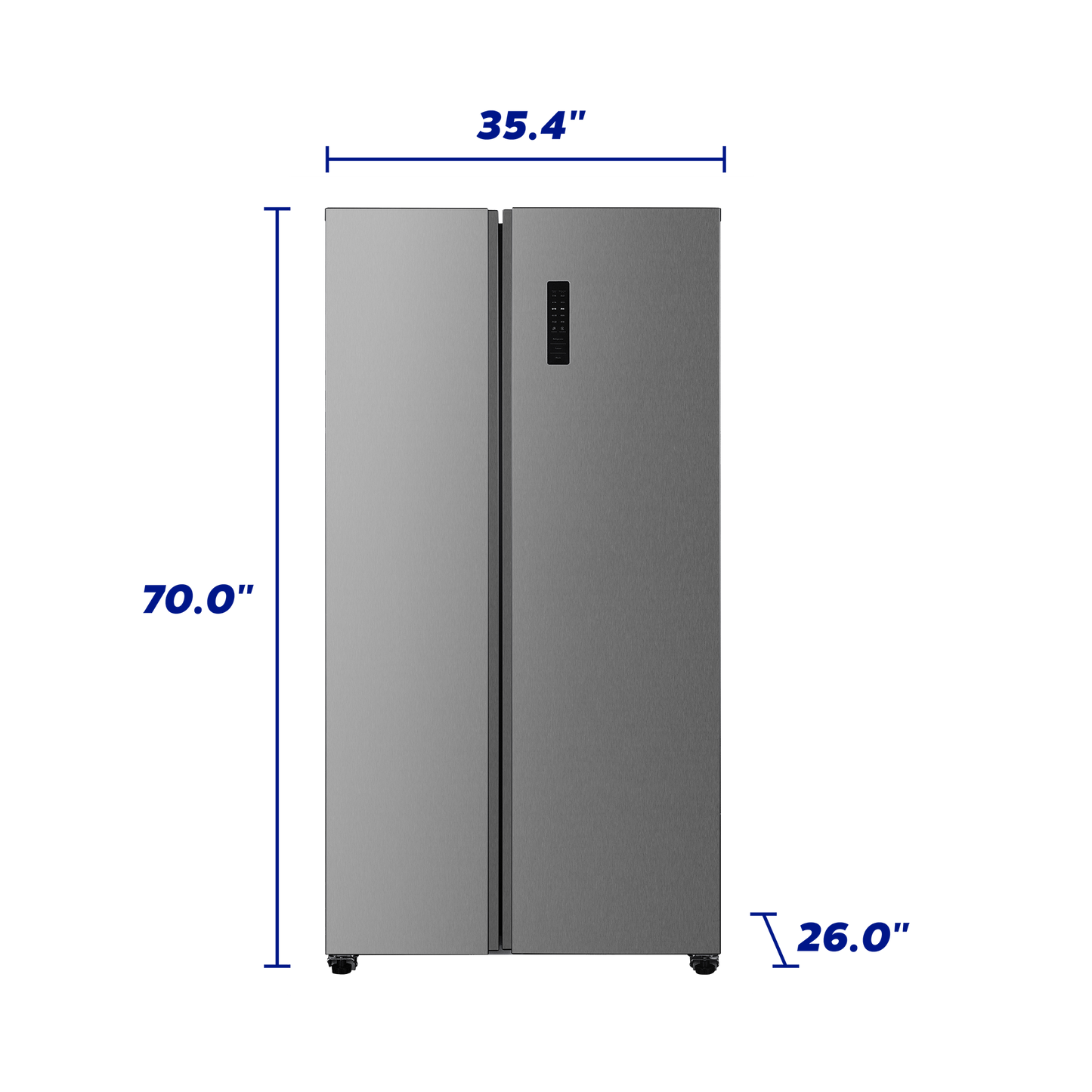 Stainless steel side-by-side refrigerator with a sleek counter-depth design and digital control panel, suited for kitchen and appliance collections.