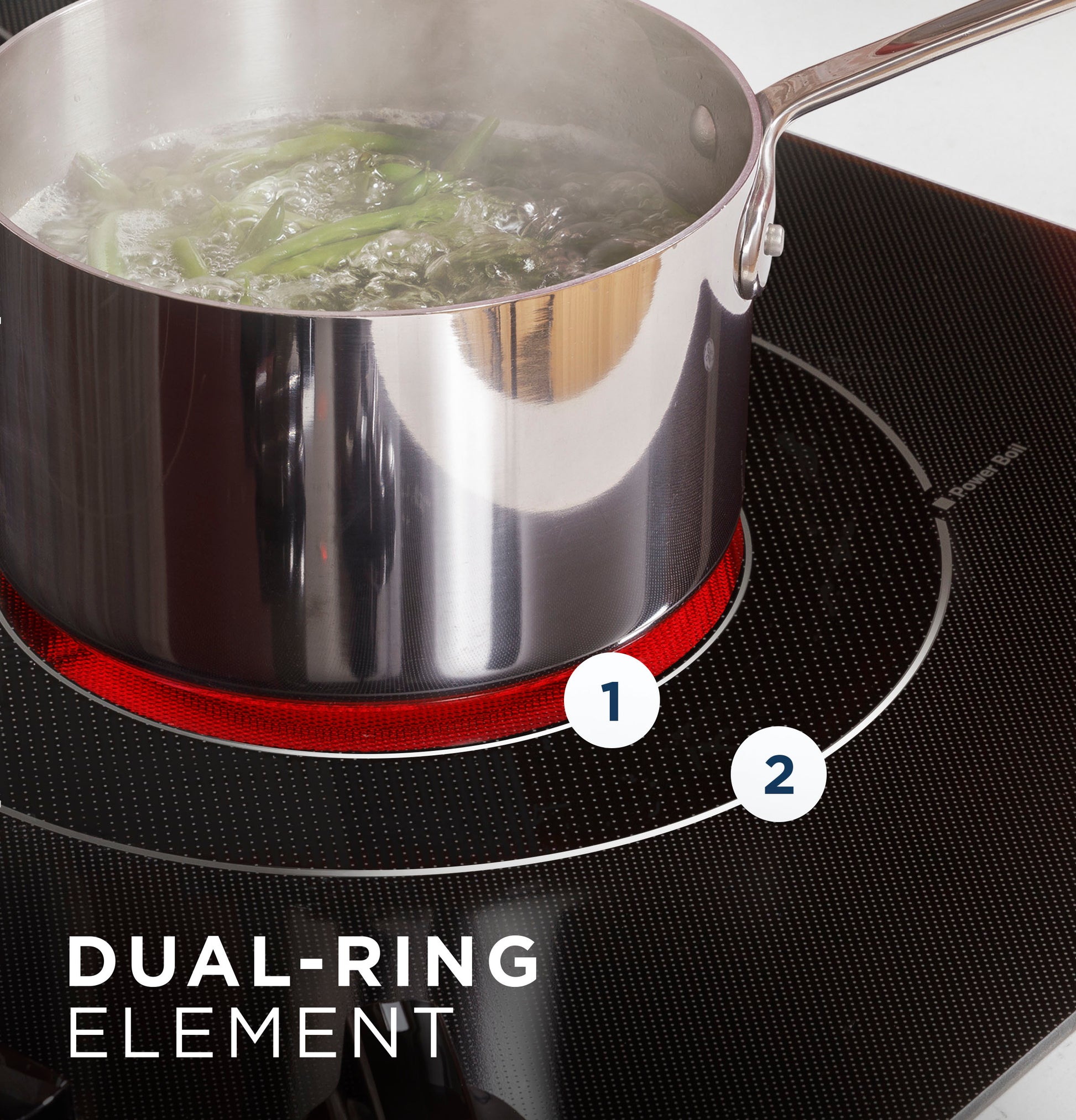 Stainless steel pot boiling green beans on red glowing dual-ring element of electric cooktop in kitchenware collection