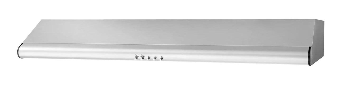 Stainless steel 36" overhead range hood with push-button controls for kitchen ventilation in home improvement setting