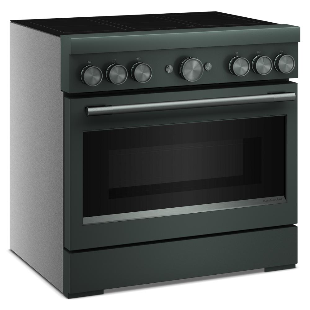 Matte black 36-inch freestanding induction range with six control knobs and large oven window for kitchen appliances