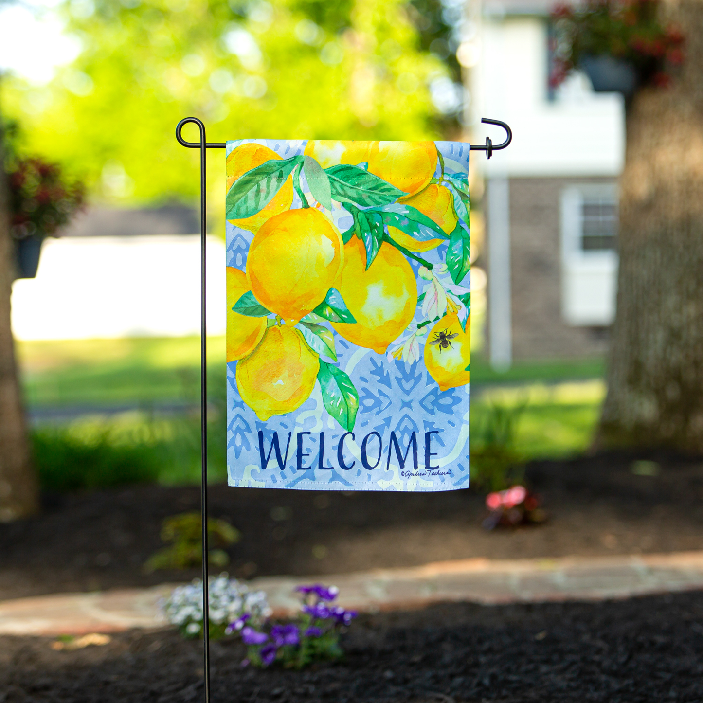 Garden flag with bright yellow lemons and green leaves featuring welcome text for outdoor decoration and home improvement use