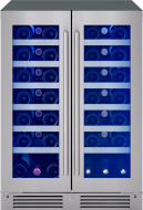 French door dual zone wine cooler with blue interior lighting in beverage center and kitchen appliance collection