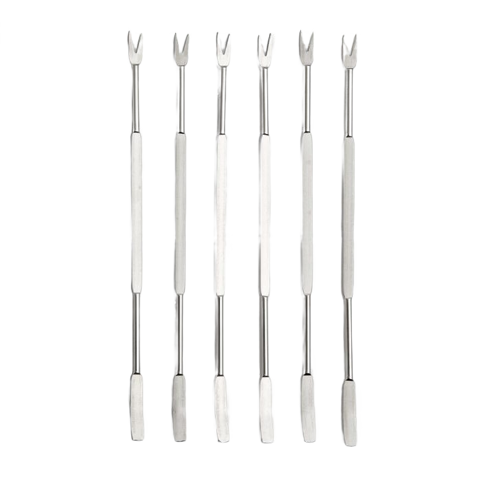 Set of six stainless steel seafood picks with dual ends for delicate shellfish meat retrieval in kitchen gadgets collection